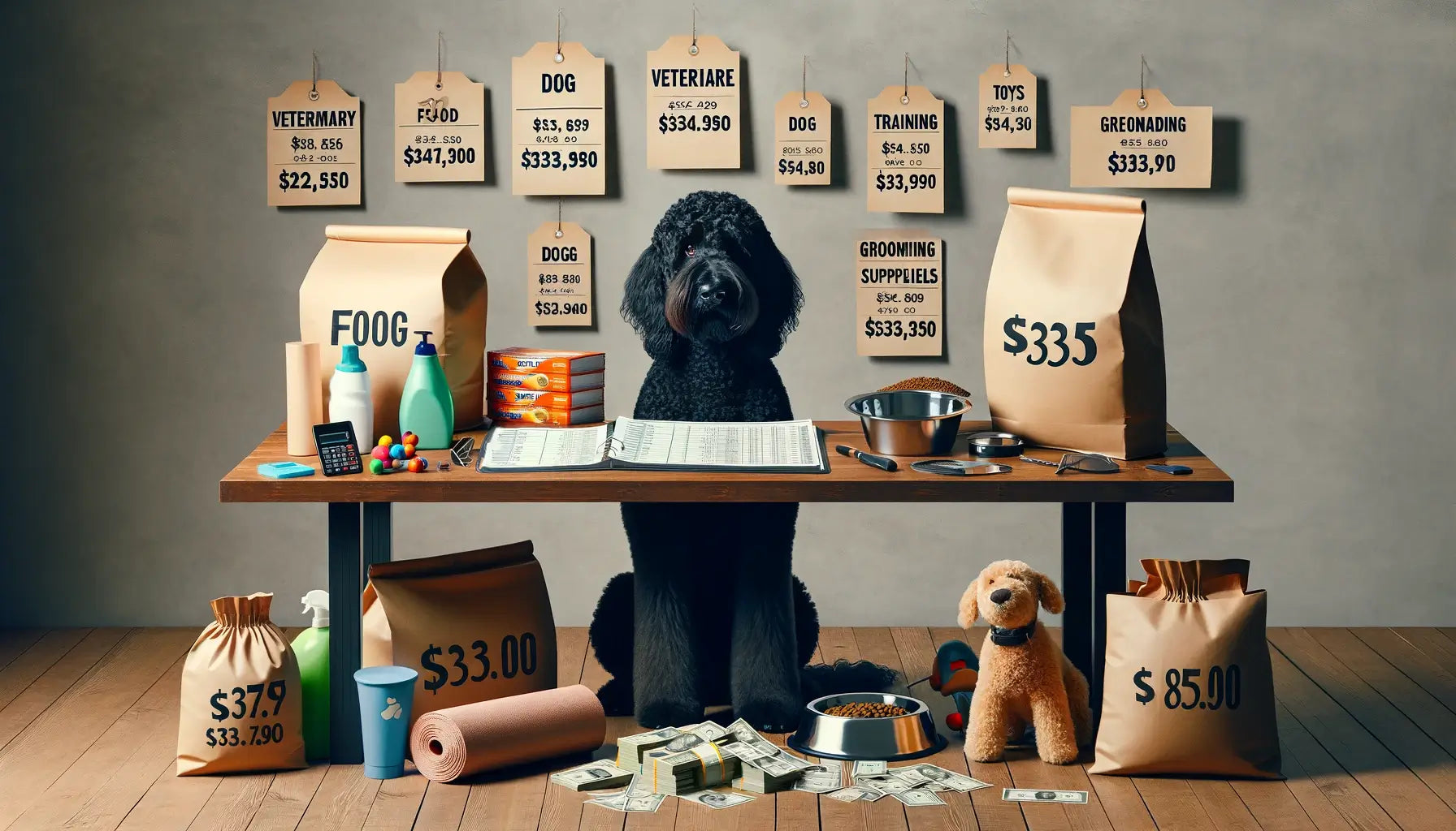 Black Goldendoodle with the dog sitting next to a table showcasing various dog-related expenses.
