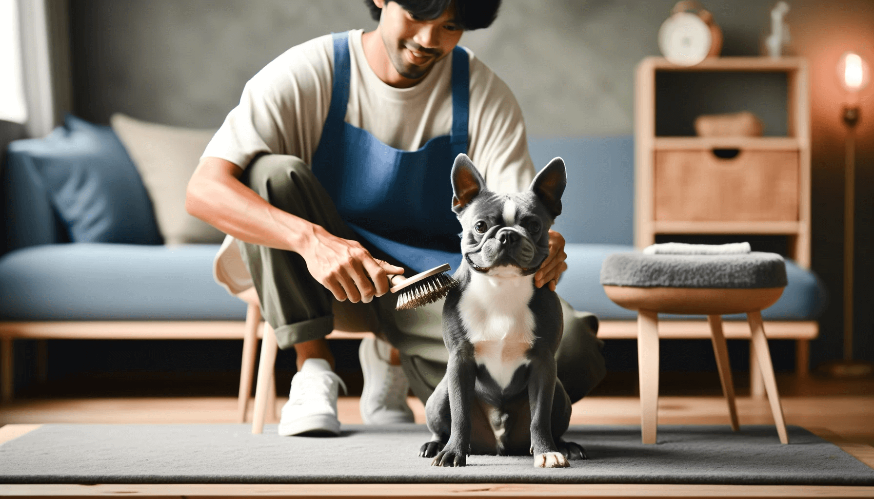 A Blue Boston Terrier being groomed by its owner at home.