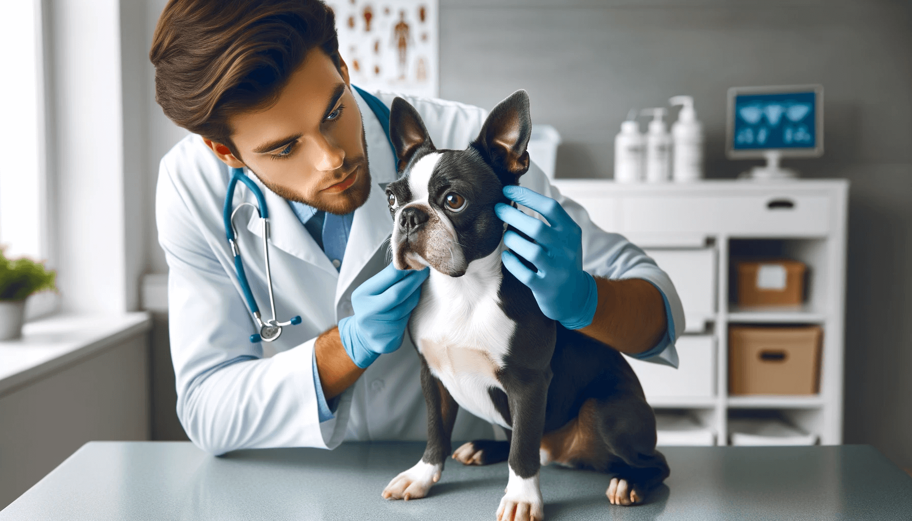 A Blue Boston Terrier during a health check with a veterinarian in a veterinary clinic.