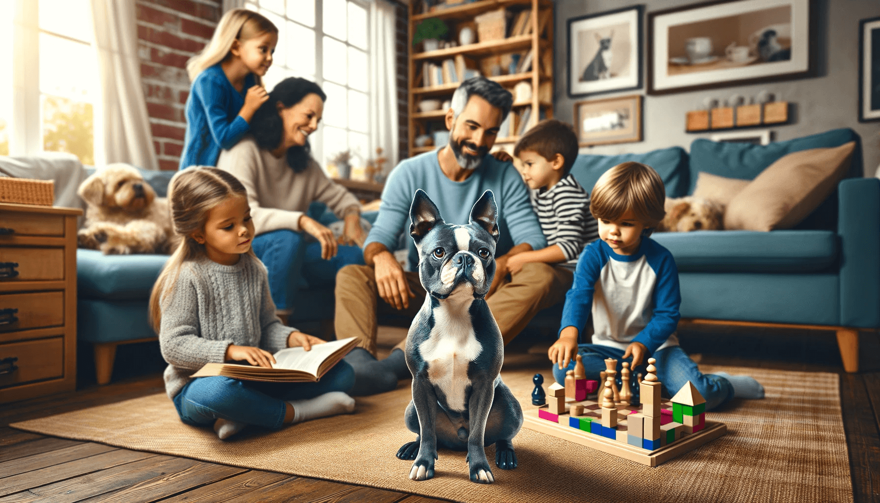 A Blue Boston Terrier in a family environment, interacting with children and adults in a family home.