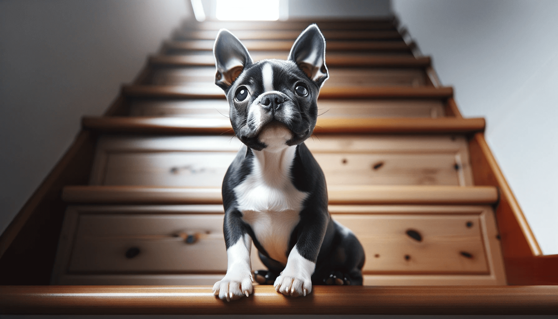 A Blue Boston Terrier looking up from a set of stairs, displaying its compact build and the breed's characteristic tuxedo markings.