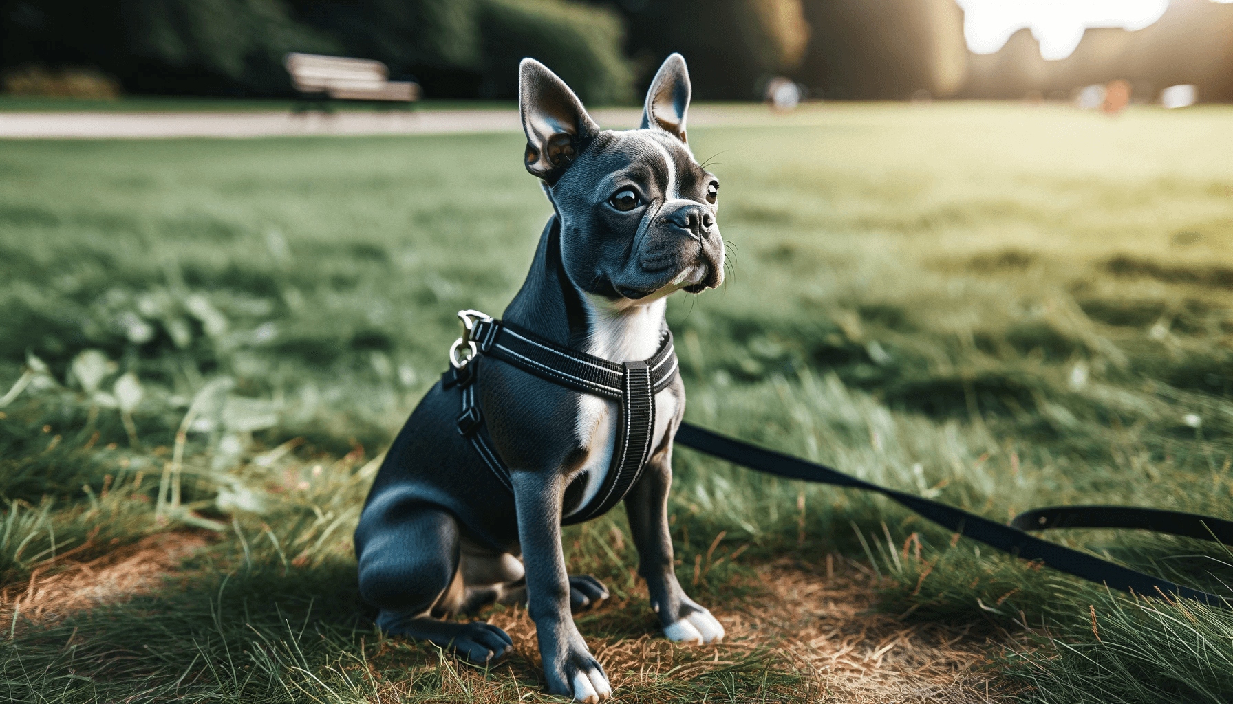 A focused Blue Boston Terrier outdoors on a leash with a black harness, sitting on the grass with a focused look, possibly during a walk in a park.