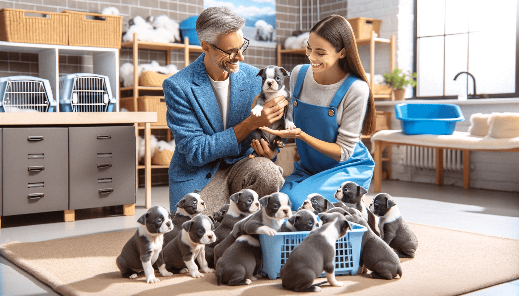 Blue Boston Terrier puppies being presented to a potential owner in a breeding facility.