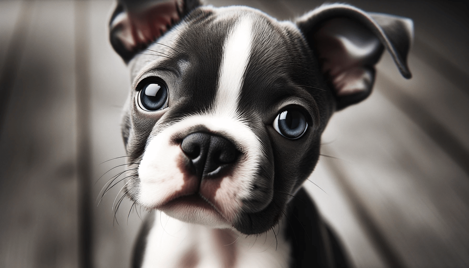 The face of a sweet Blue Boston Terrier puppy with prominent blue-grey and white markings, looking directly at the camera with a sweet and innocent expression.