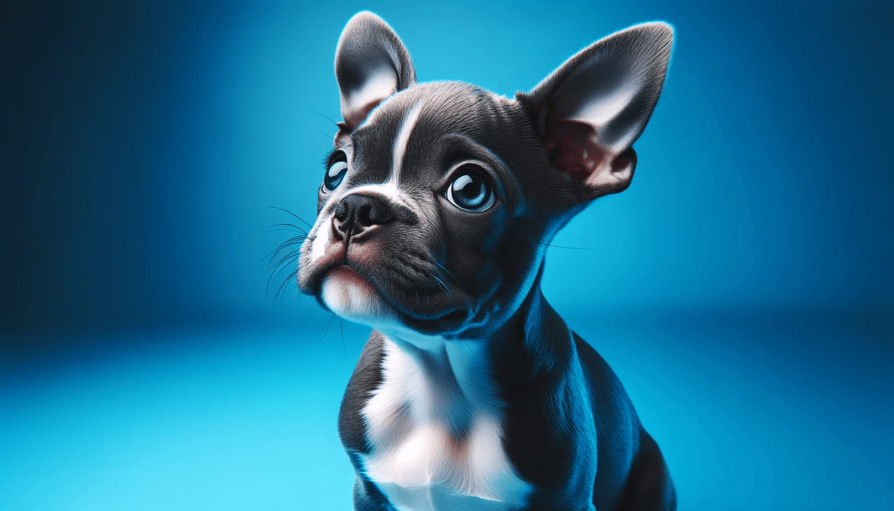 A curious Blue Boston Terrier puppy with a distinct blue-grey coat and white markings looking up with a curious and alert expression.