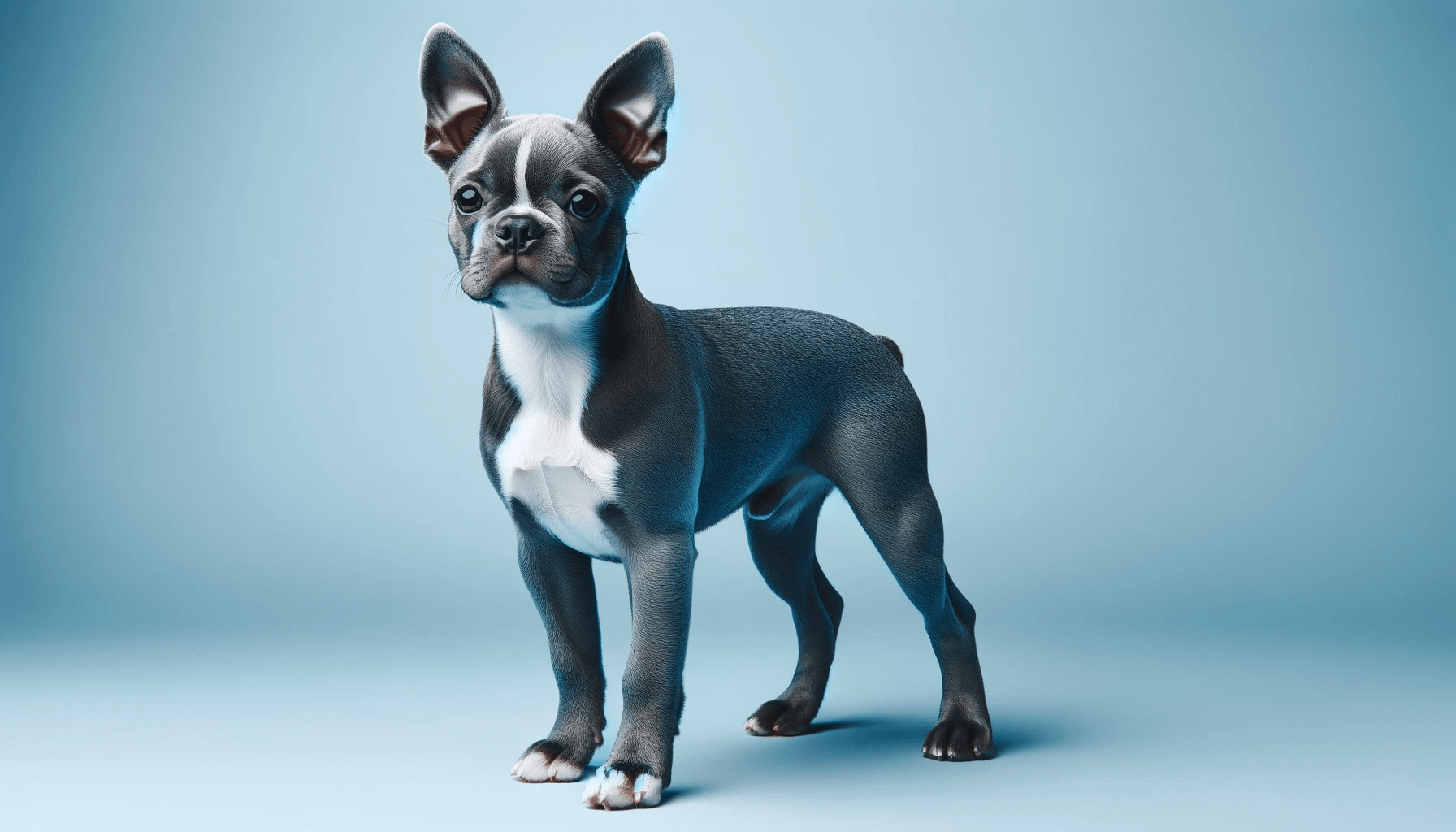 A confident Blue Boston Terrier standing proudly, showcasing its blue-grey coat with white markings against a complementary light blue background.