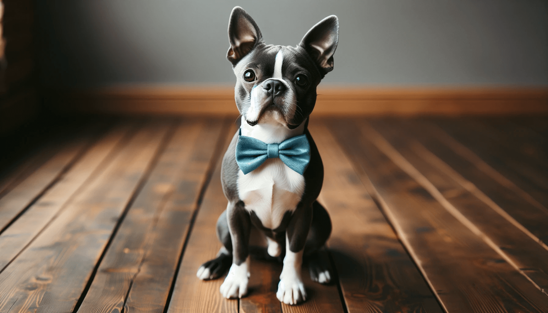 A stylish Blue Boston Terrier with a charming bow tie sits attentively on a wooden floor, showcasing the breed's friendly demeanor and stylish appearance.