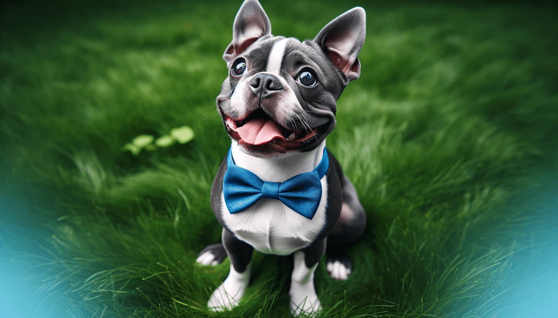 A Blue Boston Terrier with striking white and black markings, wearing a blue bow tie, sitting on grass and looking up with a playful expression.