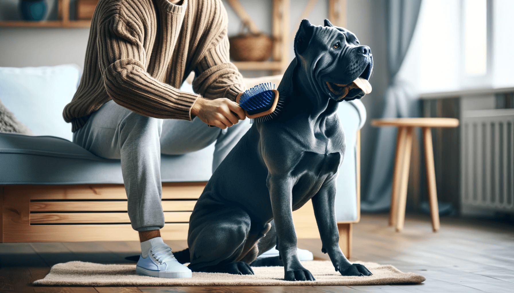 Blue Cane Corso Being Groomed by Its Owner in a Home Environment