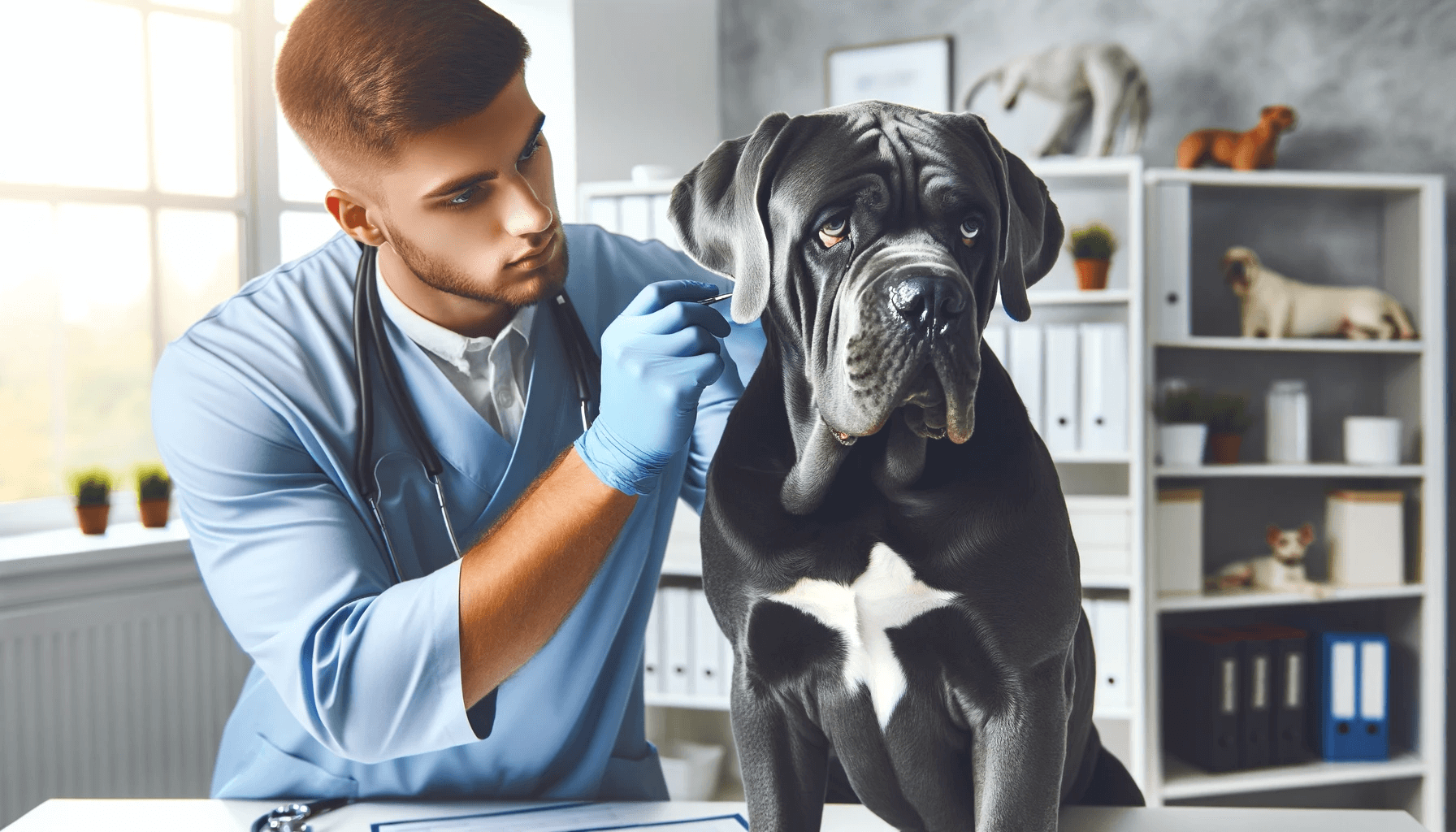 Blue Cane Corso Receiving a Health Check from a Veterinarian