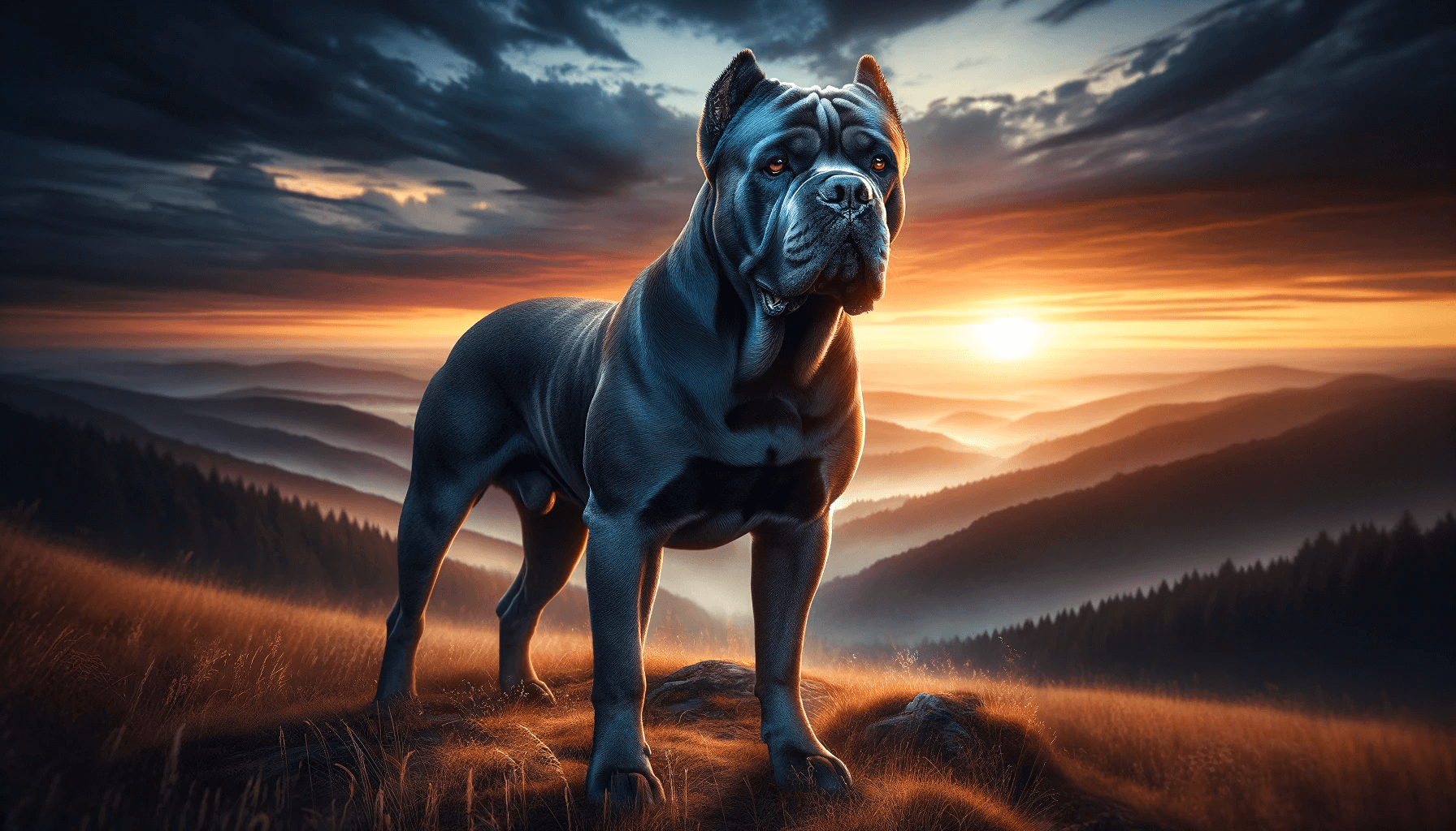 Blue Cane Corso Standing on a Hilltop with a Sunset in the Background
