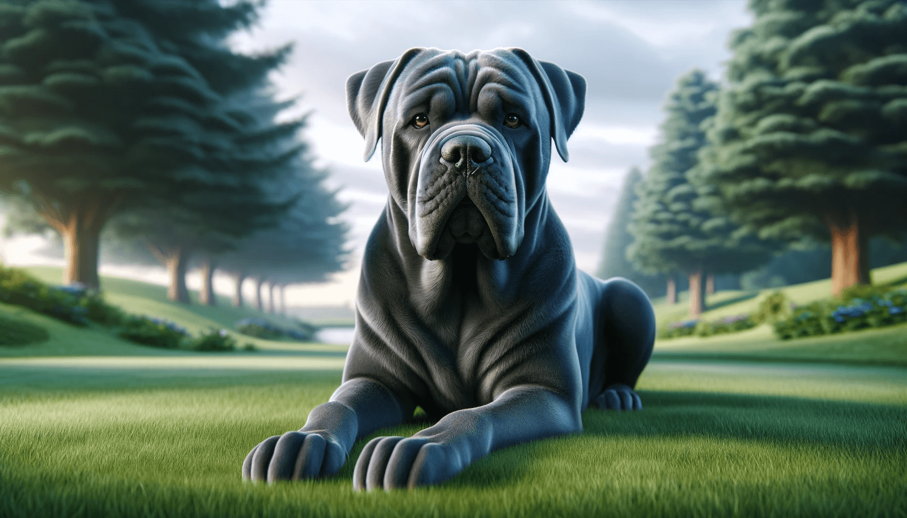 Blue Cane Corso with a Calm and Confident Expression Lying on a Grassy Field