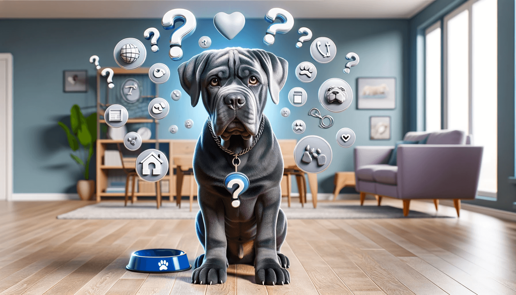 Blue Cane Corso with a question mark above its head, symbolizing frequently asked questions about the breed.