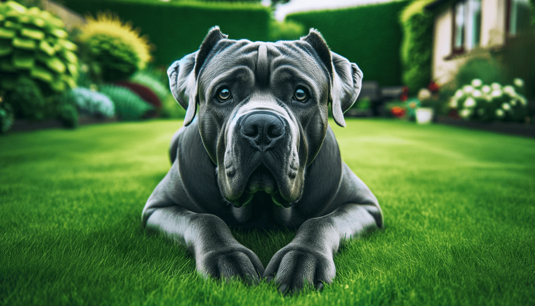 Blue Cane Corsos lying on a lush green lawn, facing the camera with bright attentive eyes.