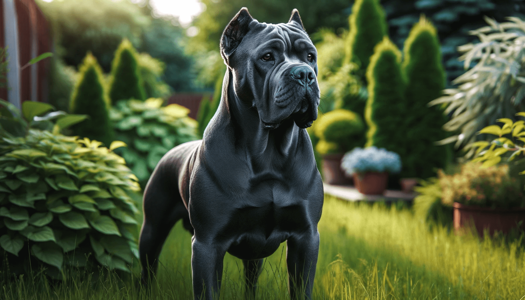Blue Cane Corsos Standing in an Outdoor Setting Filled with Lush Greenery