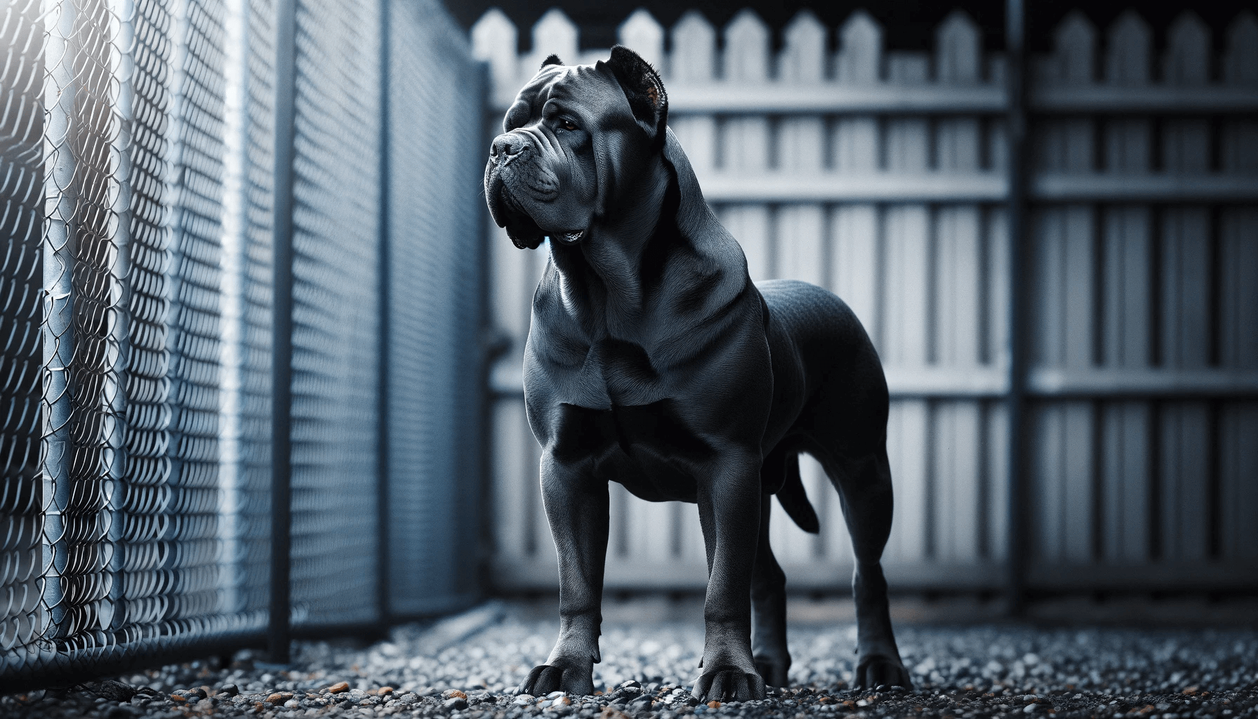 Blue Cane Corsos Standing in Profile, Its Muscular Silhouette Clear Against a Gravel Background