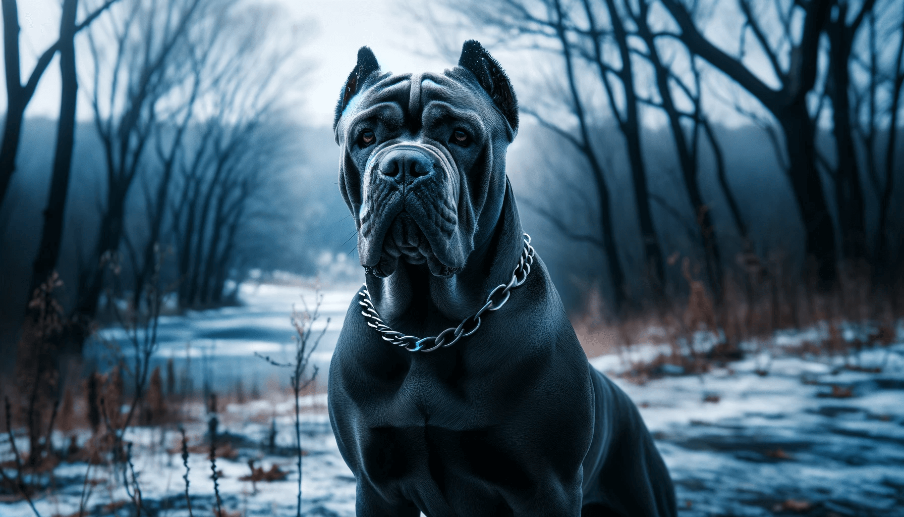 Blue Cane Corsos with a Shiny Blue-Gray Coat Wearing a Chain Collar Standing Firmly with a Strong Watchful Gaze in a Stark Landscape