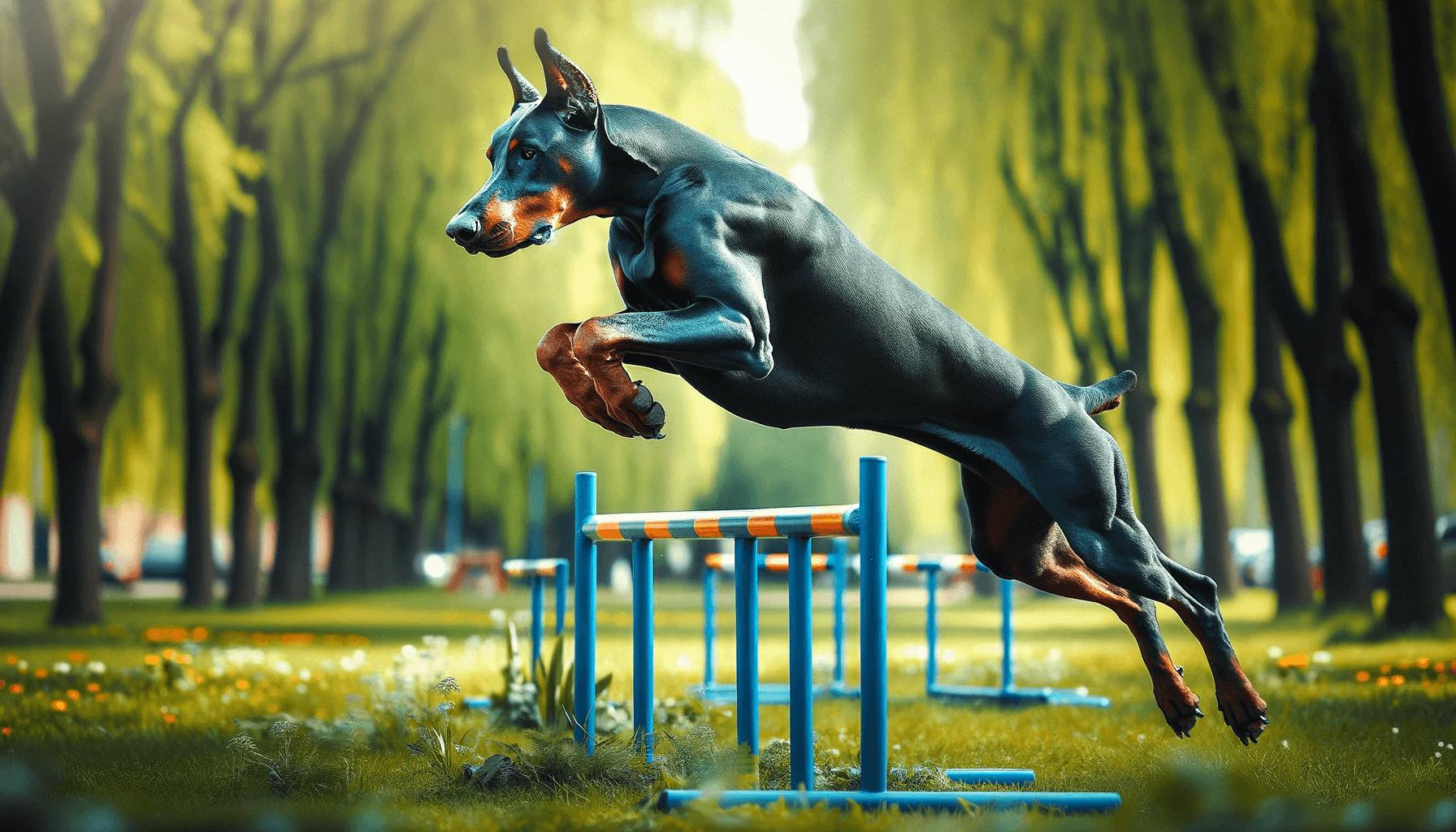 A Blue Doberman engaged in training, leaping over a hurdle in a park.