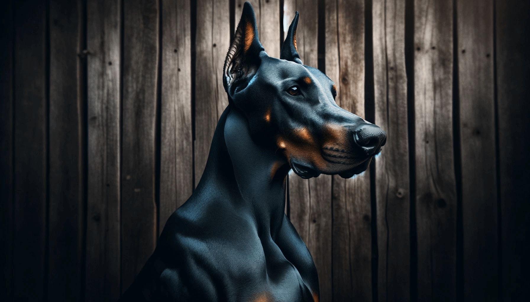 A Blue Doberman in a side profile against a wooden fence, highlighting the breed's muscular structure and noble posture.