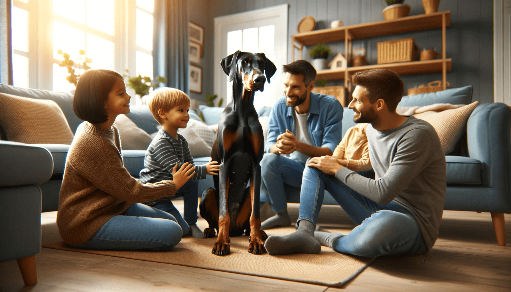 A Blue Doberman in a family setting, interacting gently with children and adults in a cozy living room.