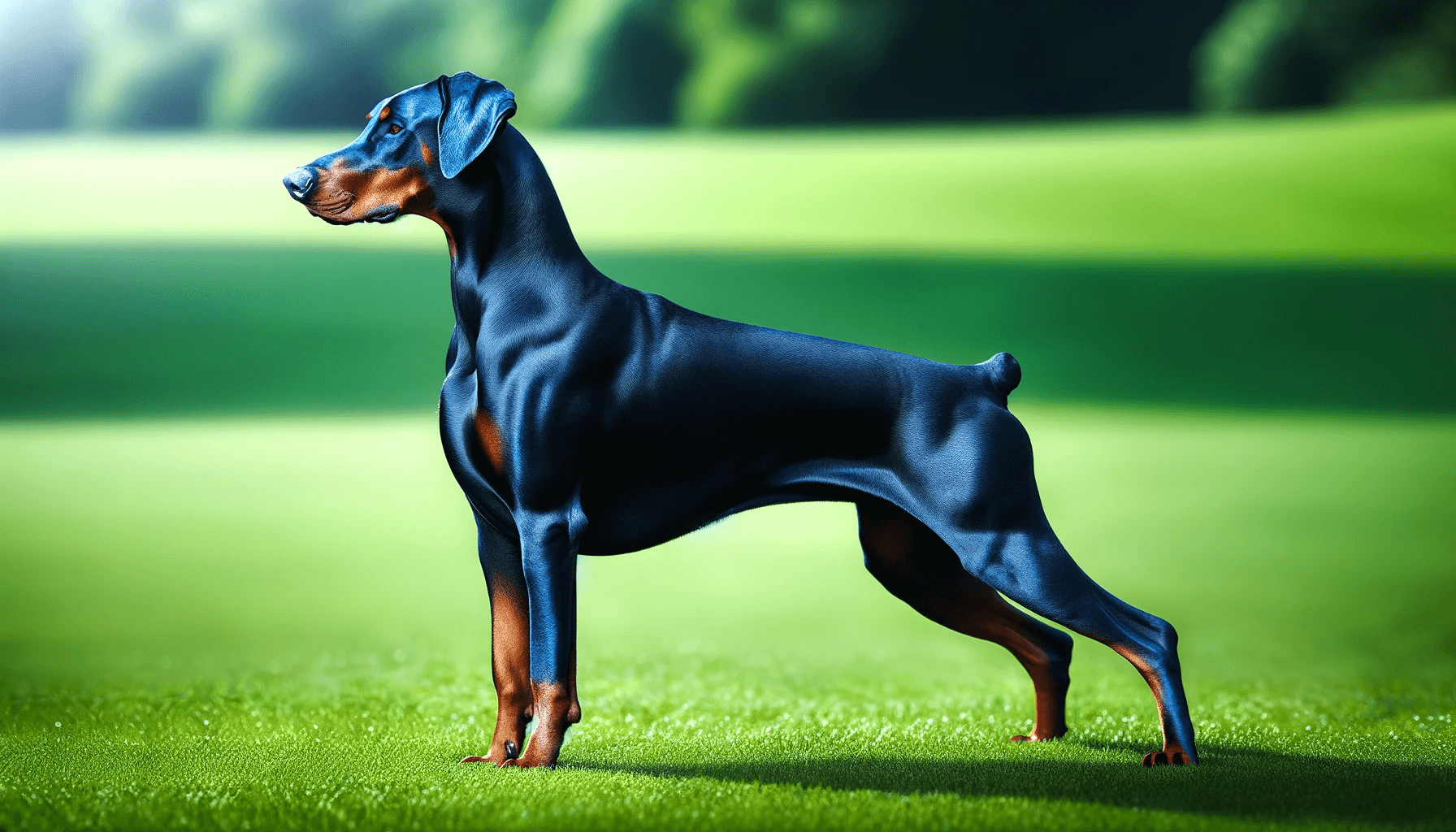 A Blue Doberman in a profile stance on a green lawn, showcasing its sleek body, athletic build, and the distinct blue sheen of its coat.
