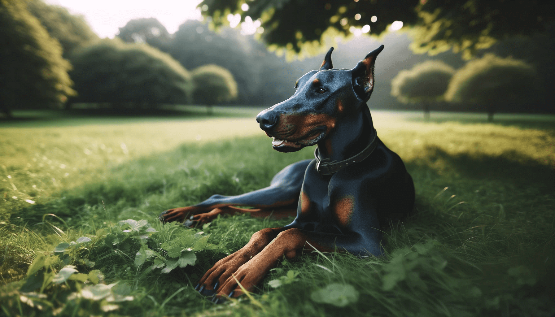 A Blue Doberman lying on grass, possibly after playtime or training.
