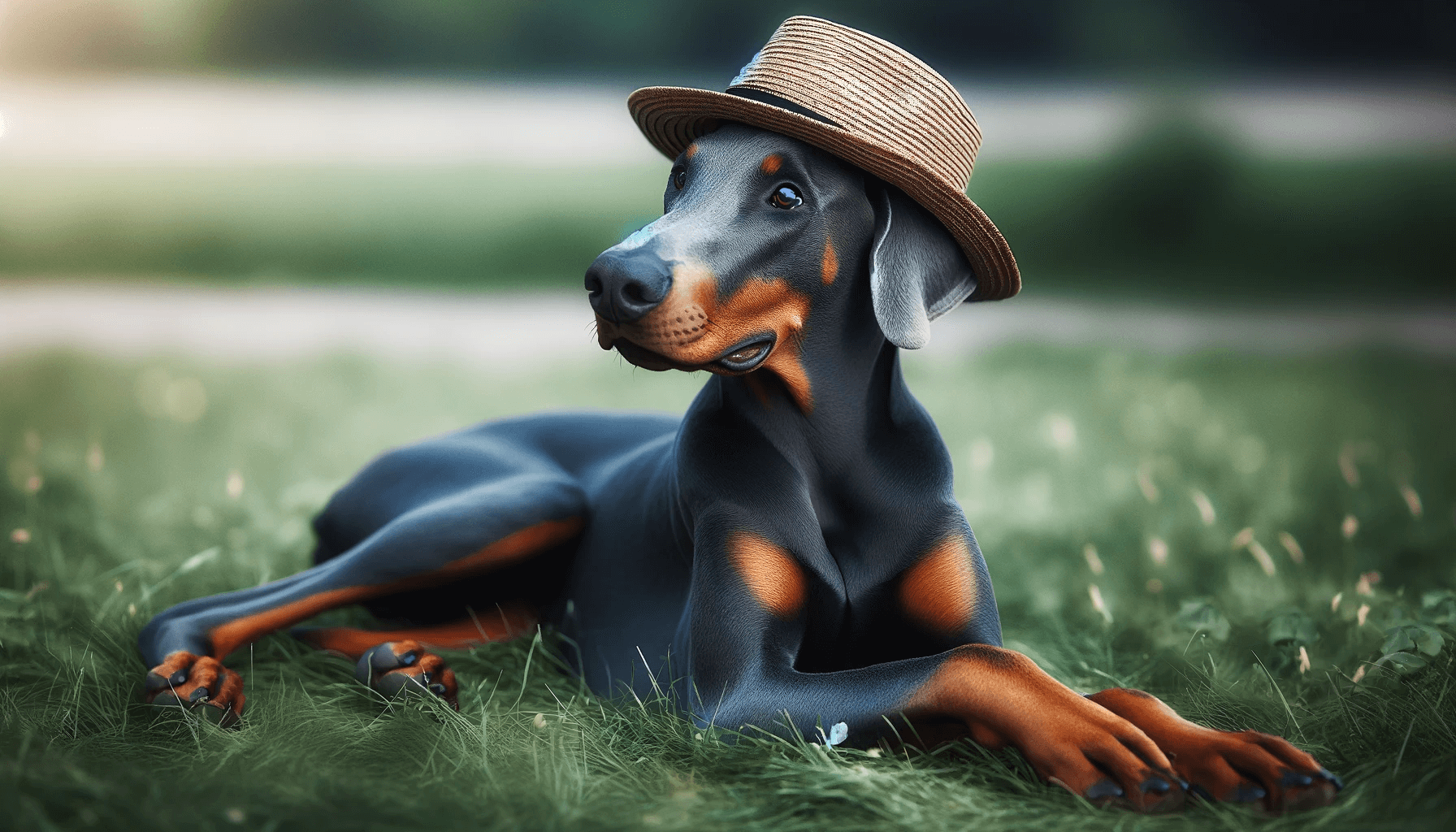 A relaxed Blue Doberman lying on grass with a relaxed posture, looking attentively to the side.