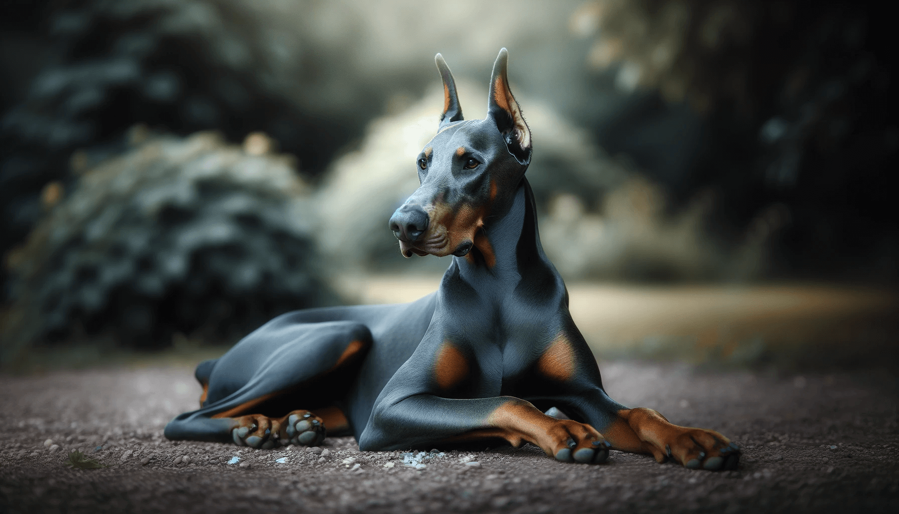 A relaxed Blue Doberman lying on the ground, possibly resting after play or exercise.