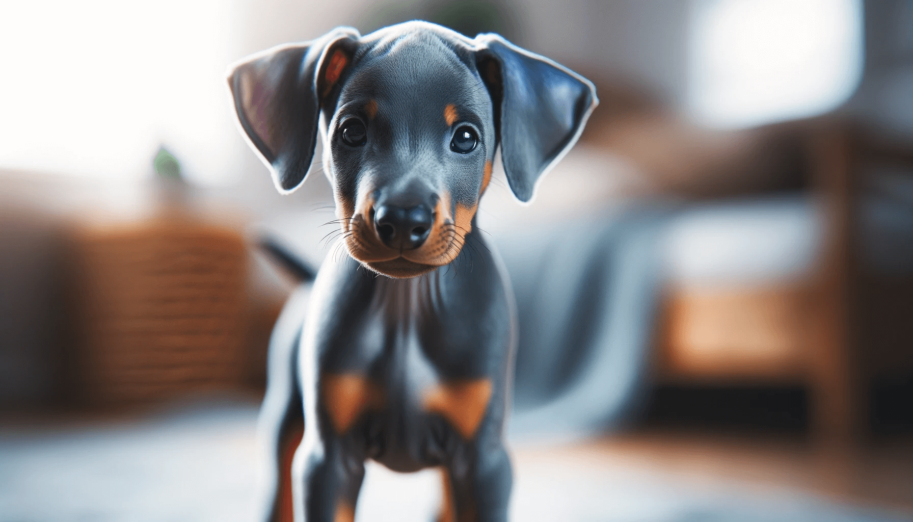 A Blue Doberman puppy standing and highlighting the early development of the breed's characteristic traits.