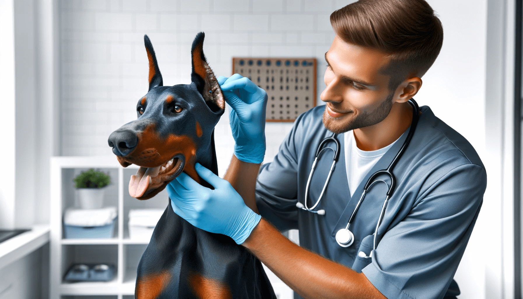 A Blue Doberman receiving a health check from a veterinarian in a clinic.