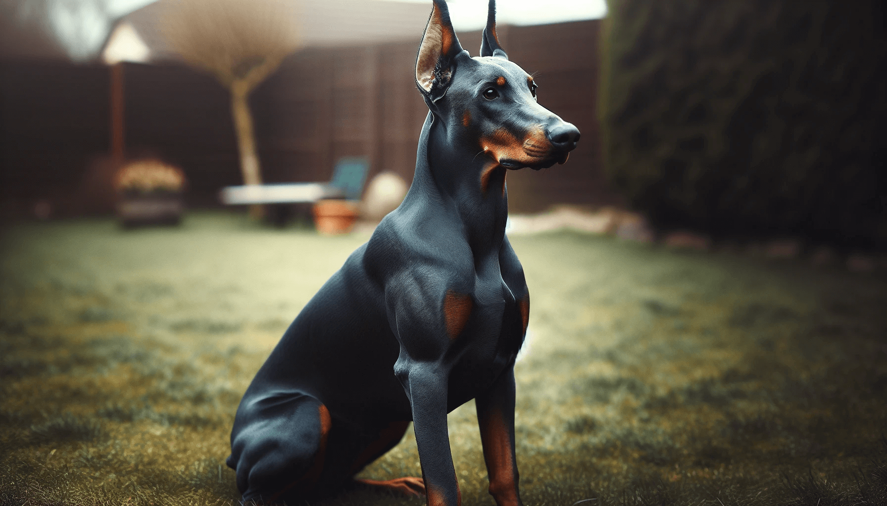 A Blue Doberman sitting upright in a yard with its ears perked up and attention focused, possibly on its owner or an interesting object.
