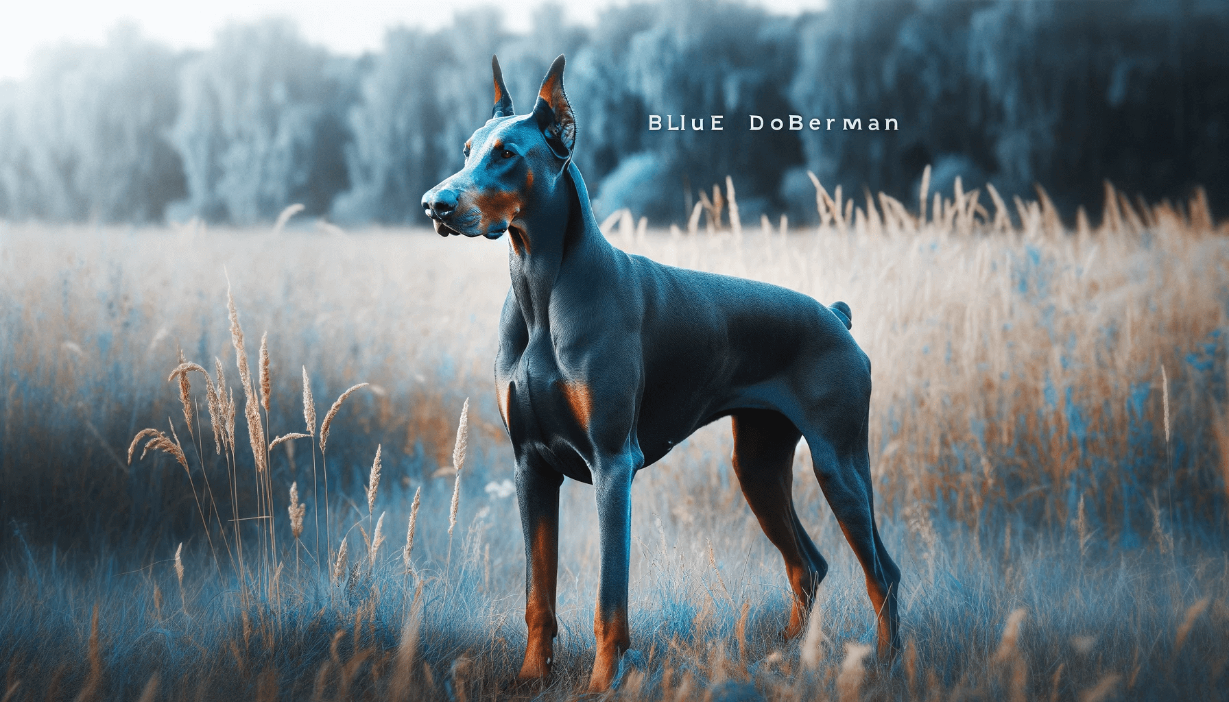A Blue Doberman standing in a field with the text overlay 'Blue Doberman,' highlighting the unique steel-blue color of its coat.