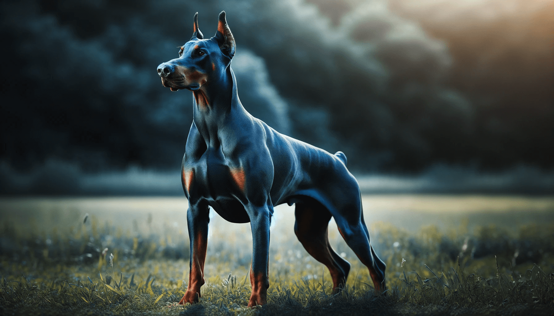An alert Blue Doberman standing on grass, displaying its alertness and protective nature.