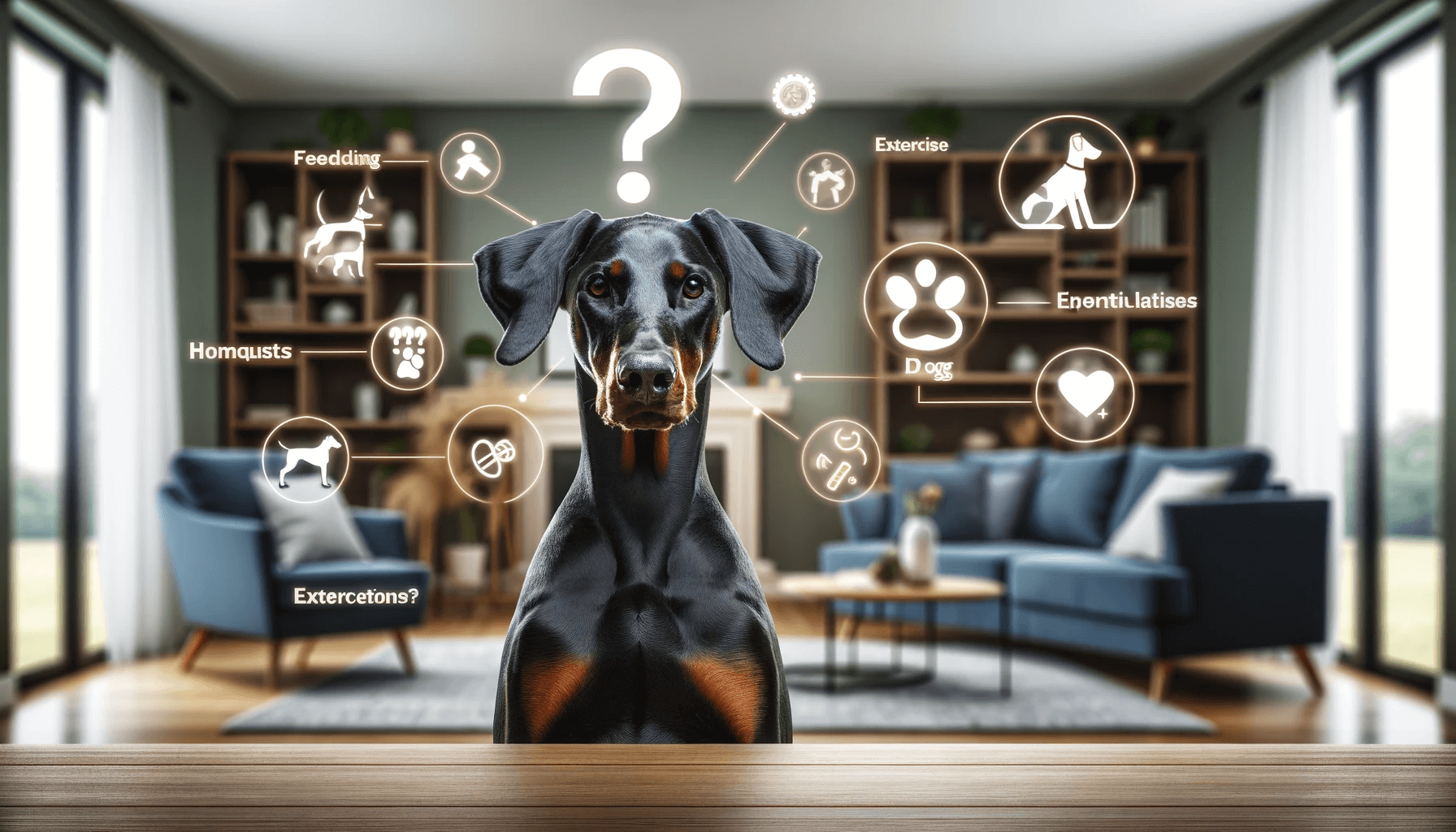 An inquisitive Blue Doberman with a question mark above its head in a home setting, representing common questions about the breed.