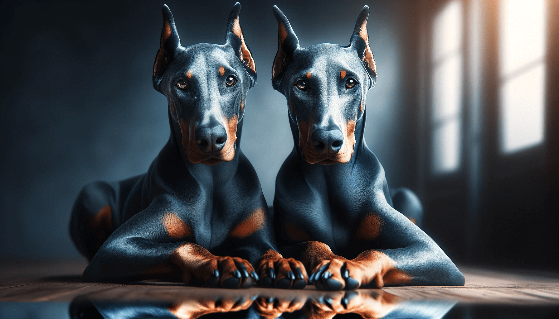 A sociable Blue Doberman with a reflection, indicating the breed's sociable nature when properly socialized.
