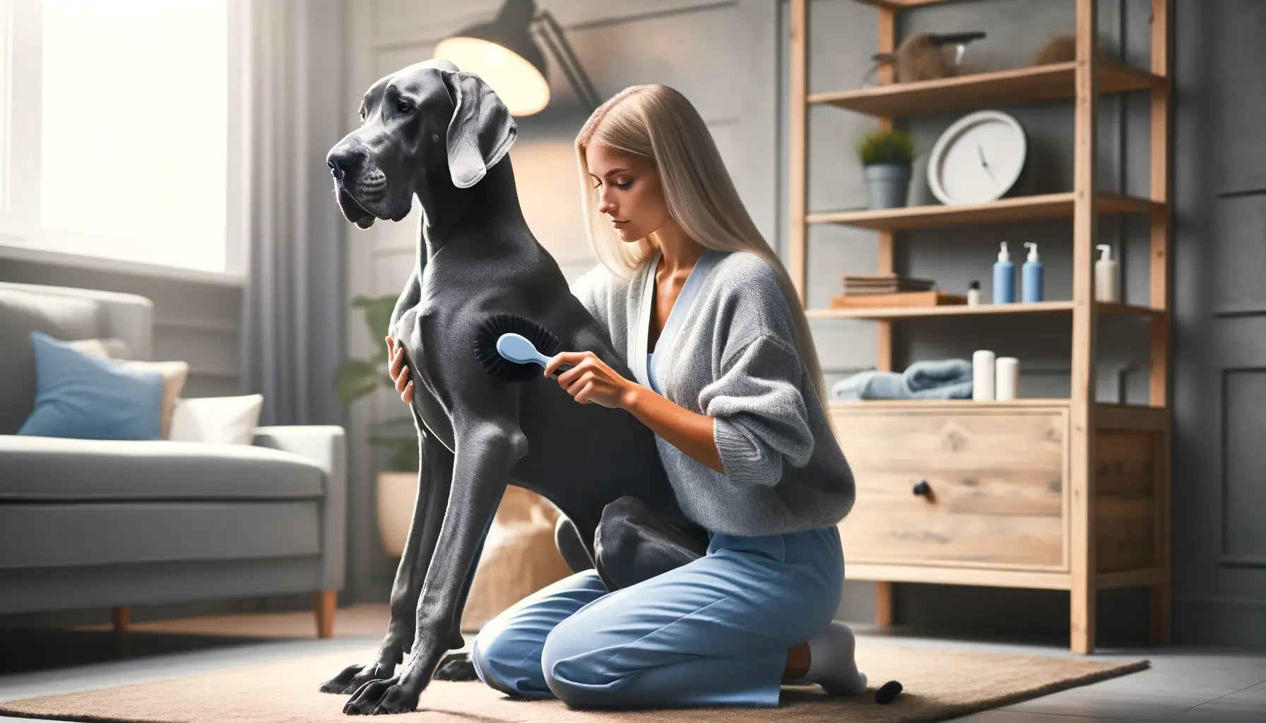 Blue Great Dane being groomed by its owner at home.