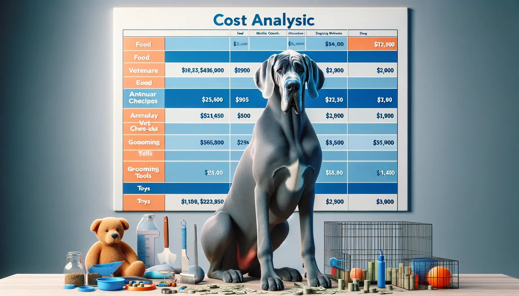 Blue Great Dane cost analysis featuring the dog sitting next to a table with dog-related expenses.