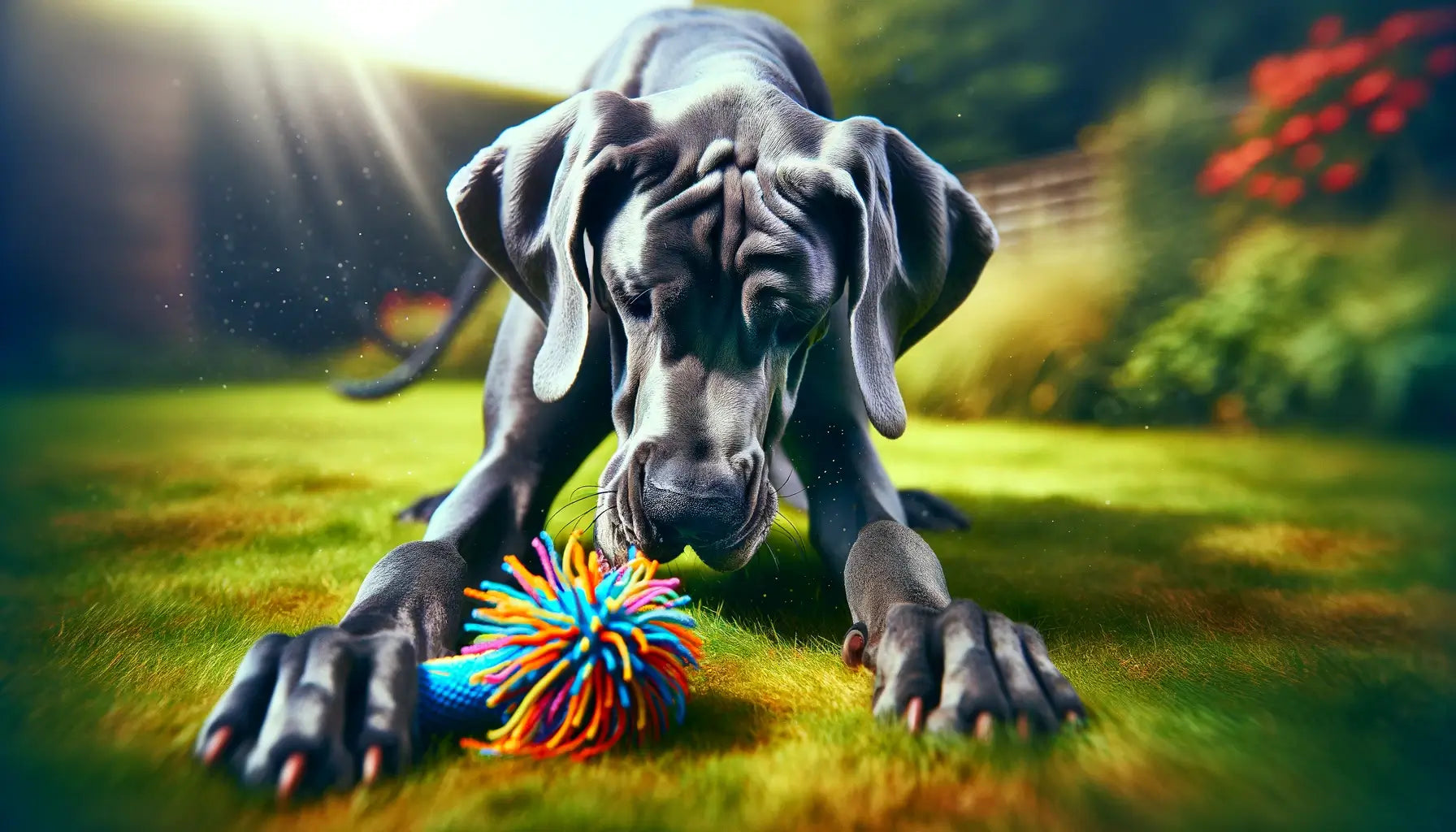Blue Great Dane engaging with a toy on a grassy lawn, reflecting the breed's friendly disposition and love for playful interaction.