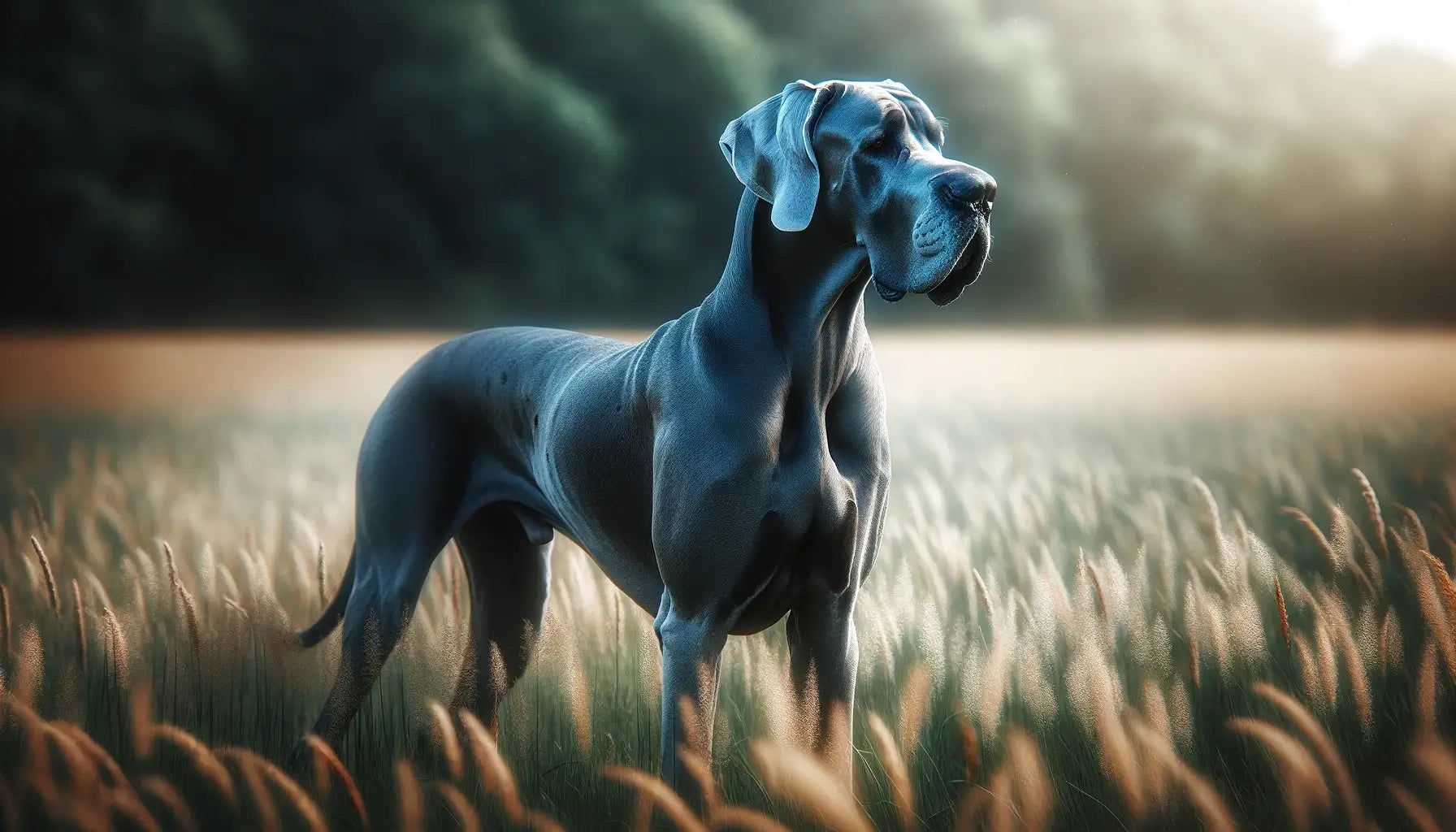 Blue Great Dane in a grassy field, its long sleek blue coat and distinctive features differentiating it from other breeds.