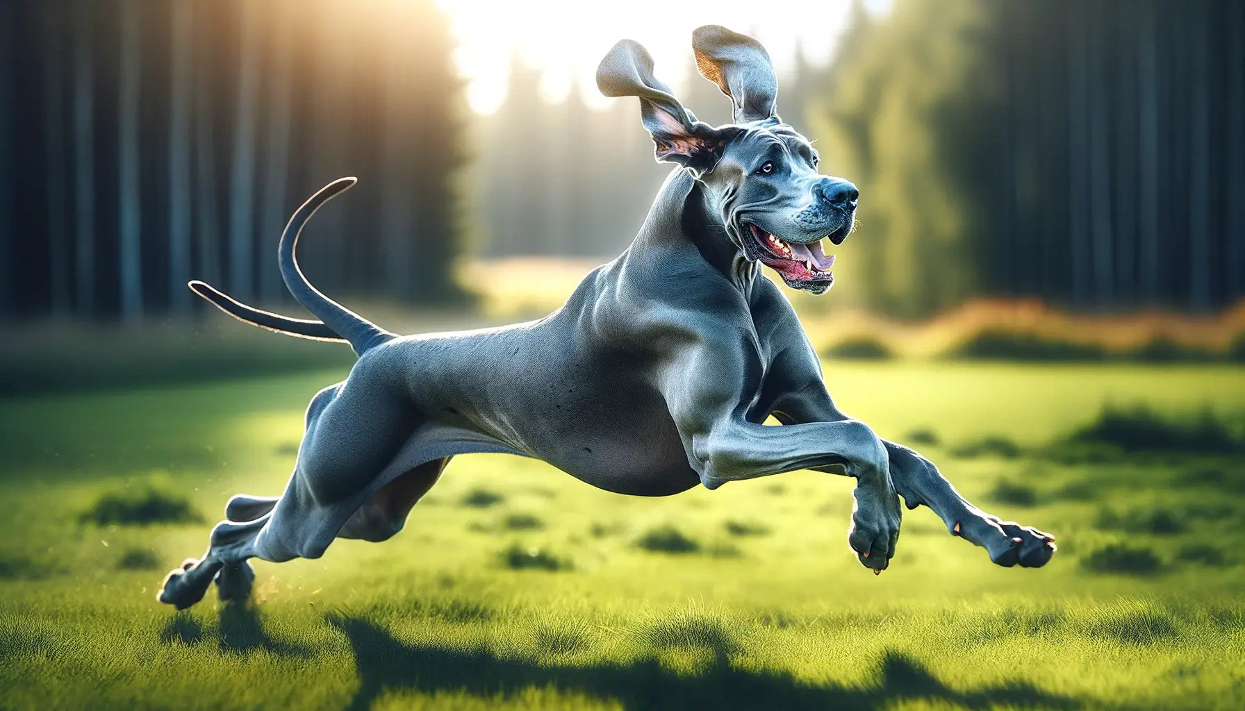 Blue Great Dane in mid-stride across a field, its joyful demeanor and flowing coat highlighting the breed's energetic and playful spirit.