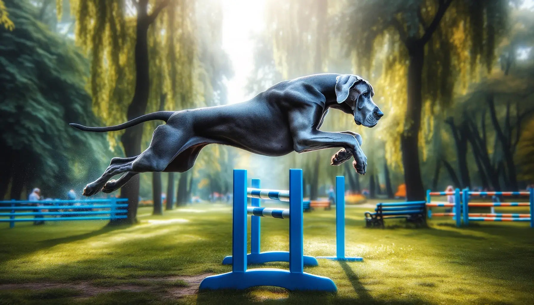 Blue Great Dane leaping over a hurdle in a park, showing agility and strength.