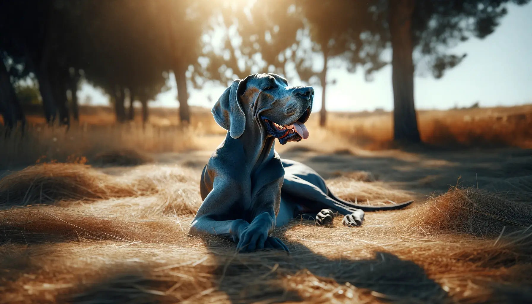 Blue Great Dane lying on dry grass, appearing content and relaxed in an outdoor setting, with its tongue out in a playful or restful pose.