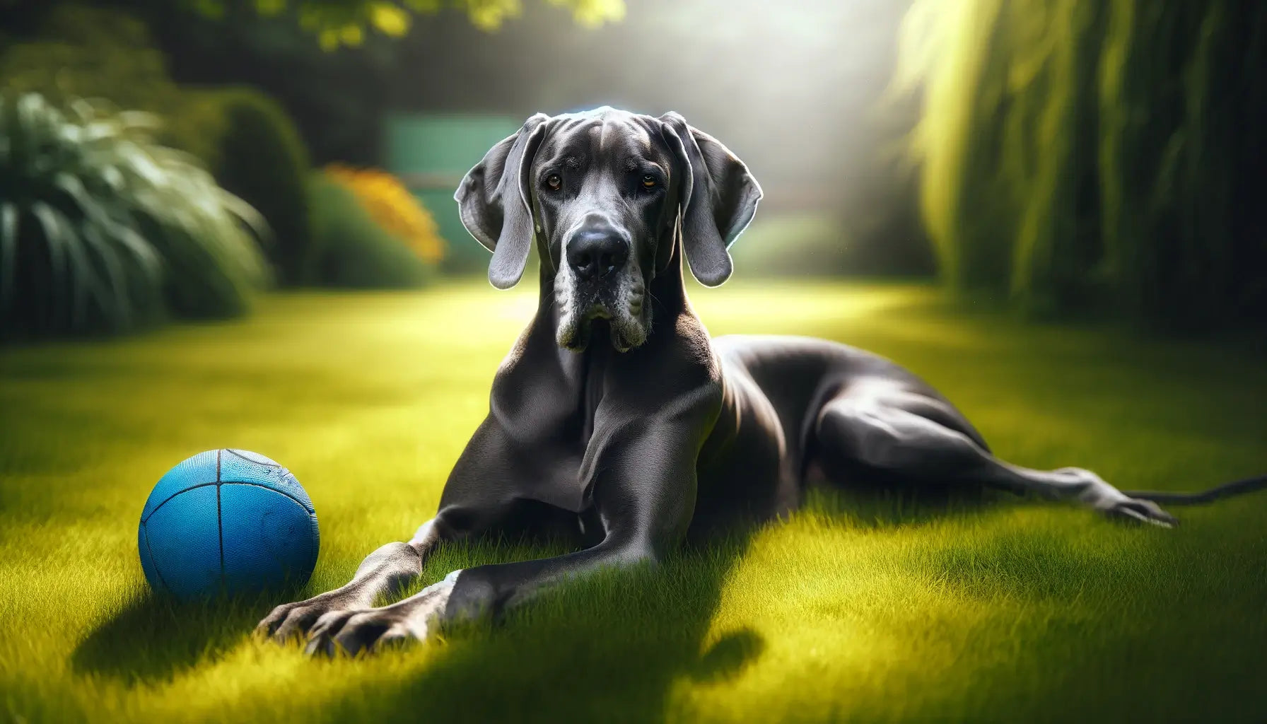 Blue Great Dane lying on grass, relaxed and content with a ball nearby, signaling its playful and active nature.