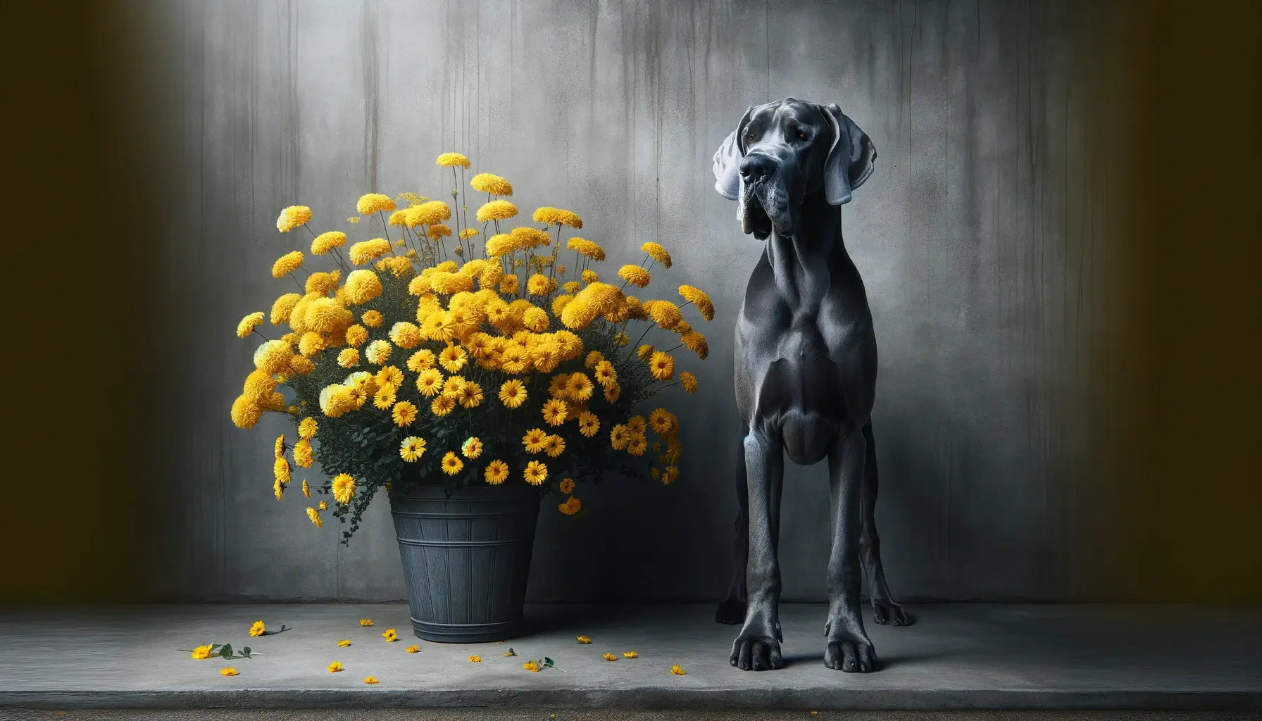 Blue Great Dane next to a pot of yellow flowers, its striking blue coat standing out against grey concrete and vibrant blooms.