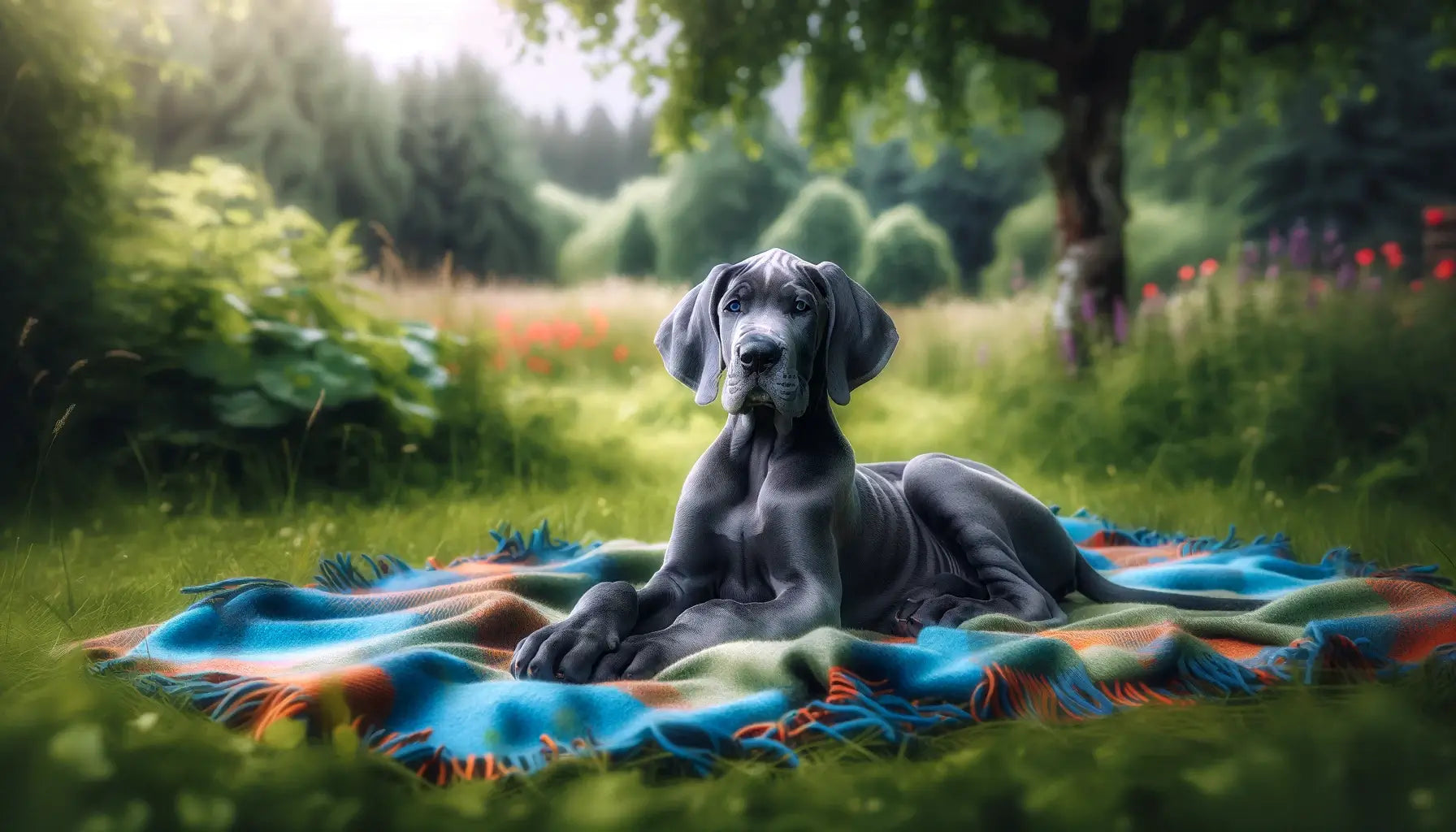Blue Great Dane on a blanket outdoors, set against a backdrop of greenery, showcasing its noble breed characteristics despite its young age.