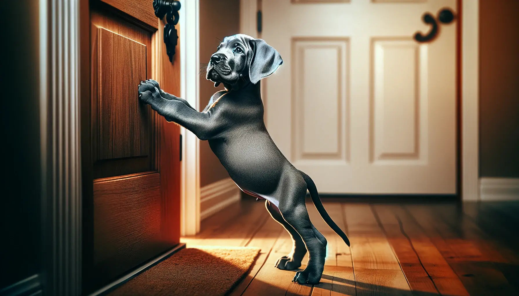 Blue Great Dane puppy confidently standing by a door, its compact size juxtaposed with the door's large features, ready for adventure.