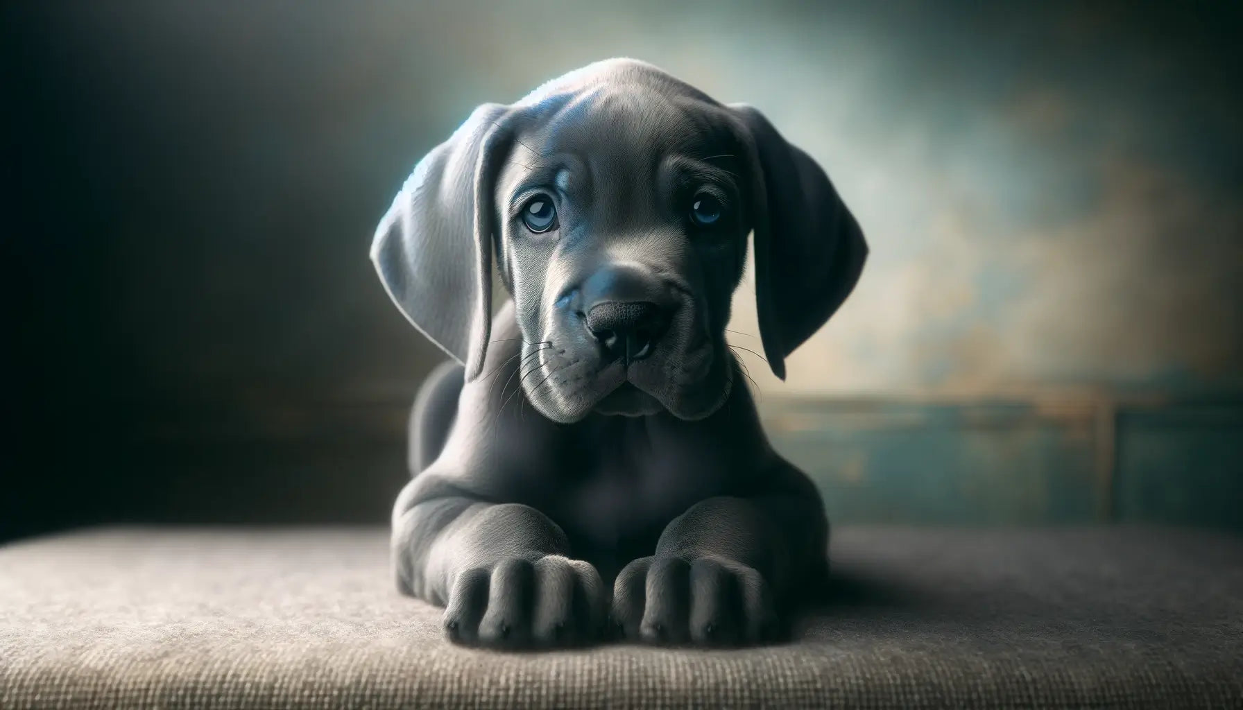 Blue Great Dane puppy's youthful features with its small size, floppy ears, and puppy eyes capturing the adorable essence of the breed.