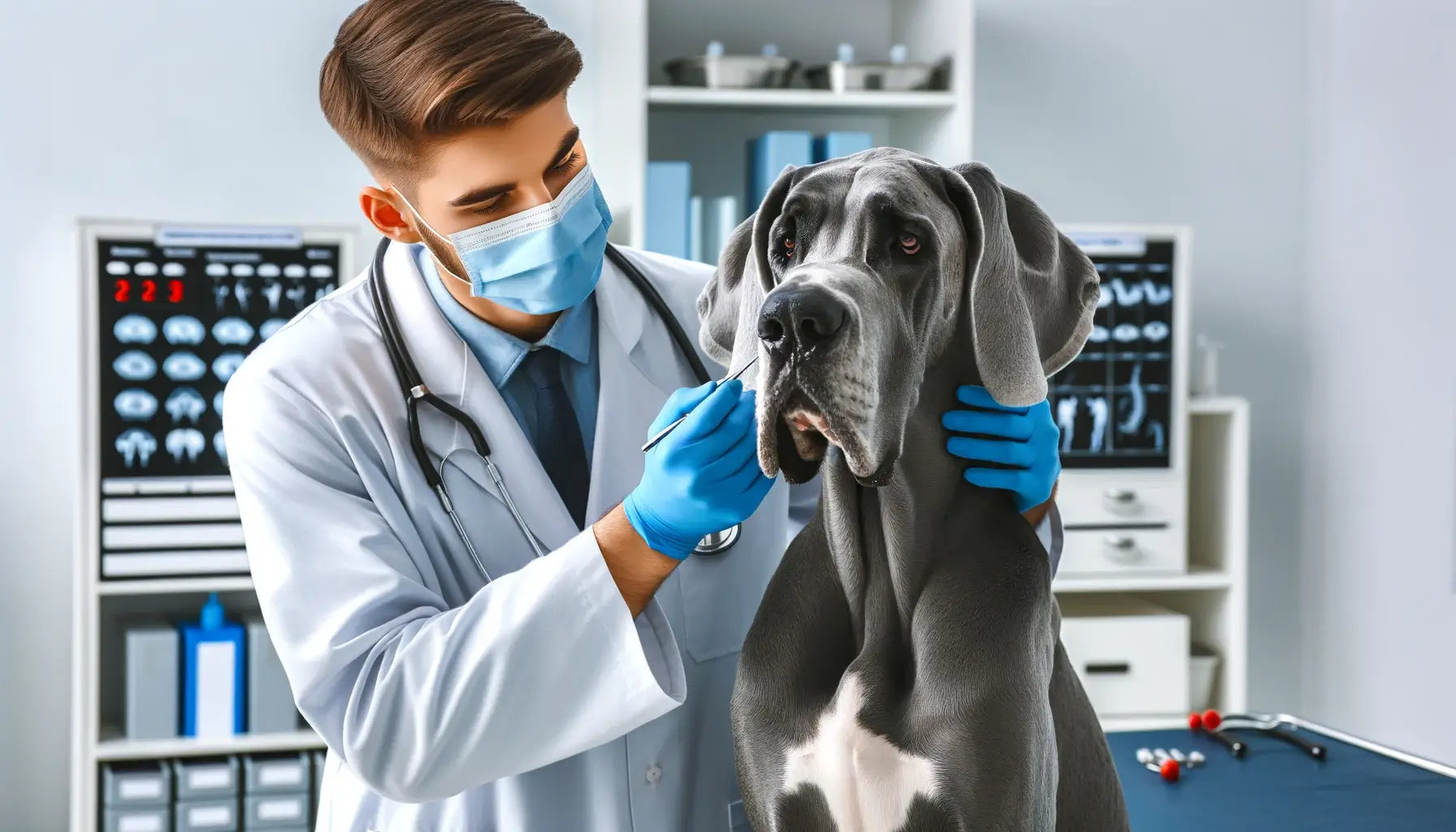 Blue Great Dane receiving a health check from a veterinarian in a clinic setting.
