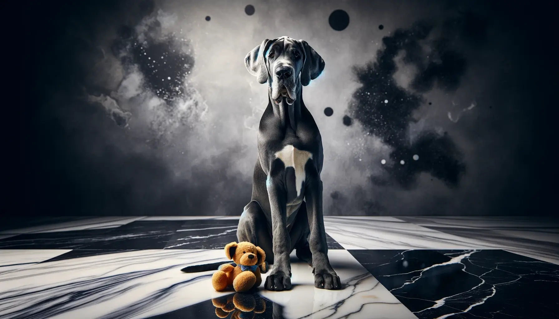 Blue Great Dane sitting upright on a marbled floor, with its tricolor fur enhanced by a black and white backdrop, a plush toy adding charm.