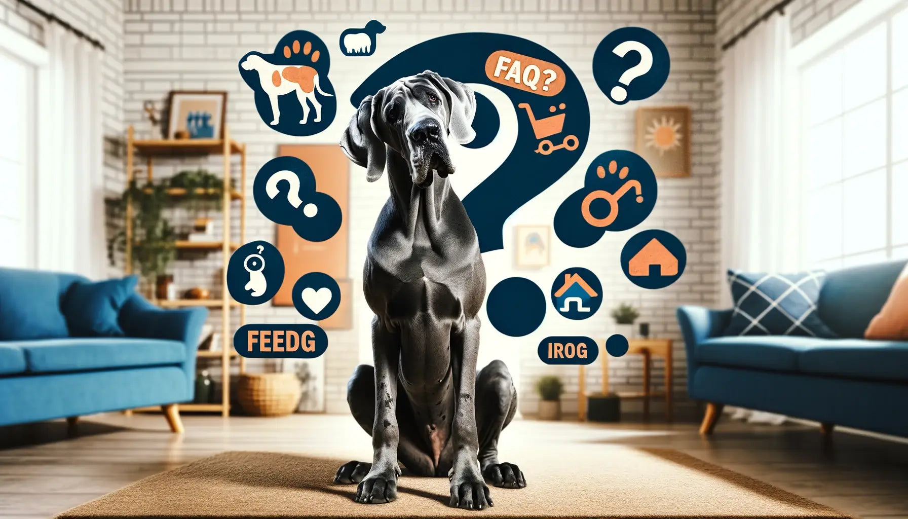 Blue Great Dane with a question mark above its head in a home setting, surrounded by icons representing common questions about the breed.